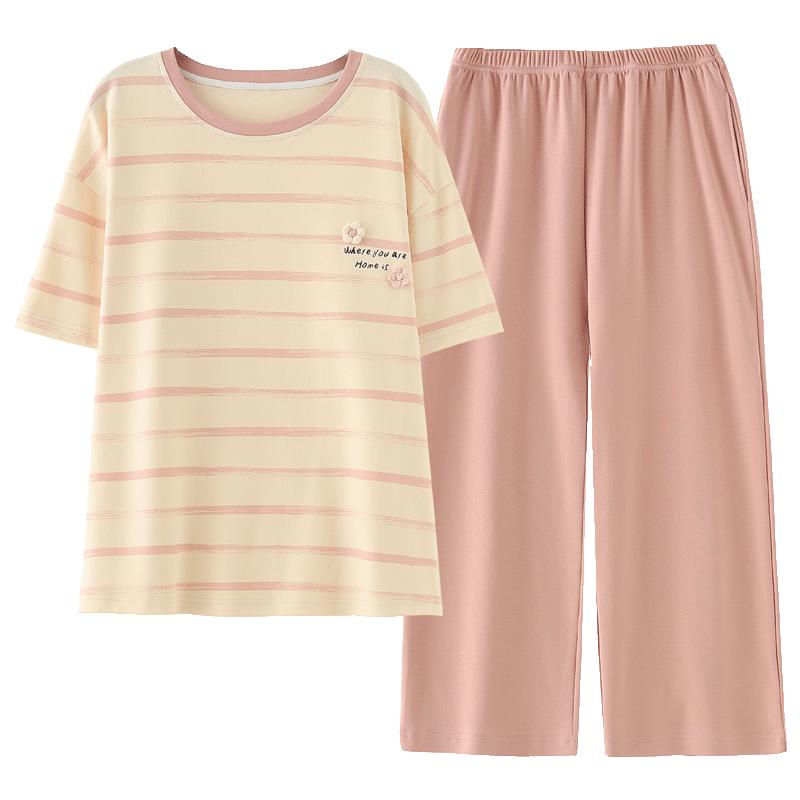 秋鹿睡衣女生纯棉夏天休闲短袖七睡衣/家居服套装