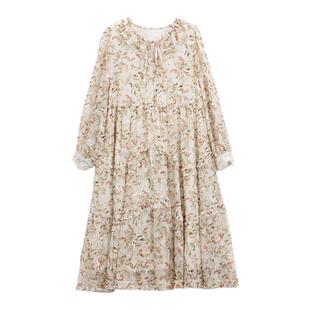 芭依璐连衣裙2026春季新款碎花雪纺长袖收腰气质法式修身荷叶边女