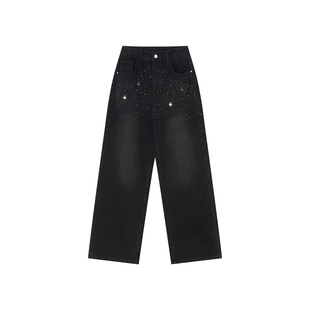 Jamor加墨时尚黑色修身微喇牛仔裤2025秋冬新款带钻薄绒显瘦裤