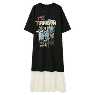 ibudu2025夏季新款蝴蝶结连衣裙拼接T恤裙长款宽松女