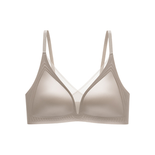 万康薄款内衣女法式缎面无痕深V三角杯软支撑上托双排扣光面文胸