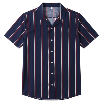 条纹拼色男式休闲翻领宽松衬衫