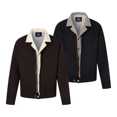 美式复古假两件拼接翻领夹克外套