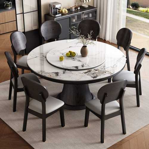 实木岩板餐桌客厅家用奢转盘感带桌子现代餐厅简约高级轻圆桌吃饭