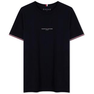 Tommy春夏男装纯棉平纹针织休闲通勤镶边袖口修身圆领短袖上衣T恤