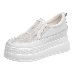 真皮蕾丝内增高小白鞋女夏一脚蹬厚底运动镂空网面透气休闲乐福鞋