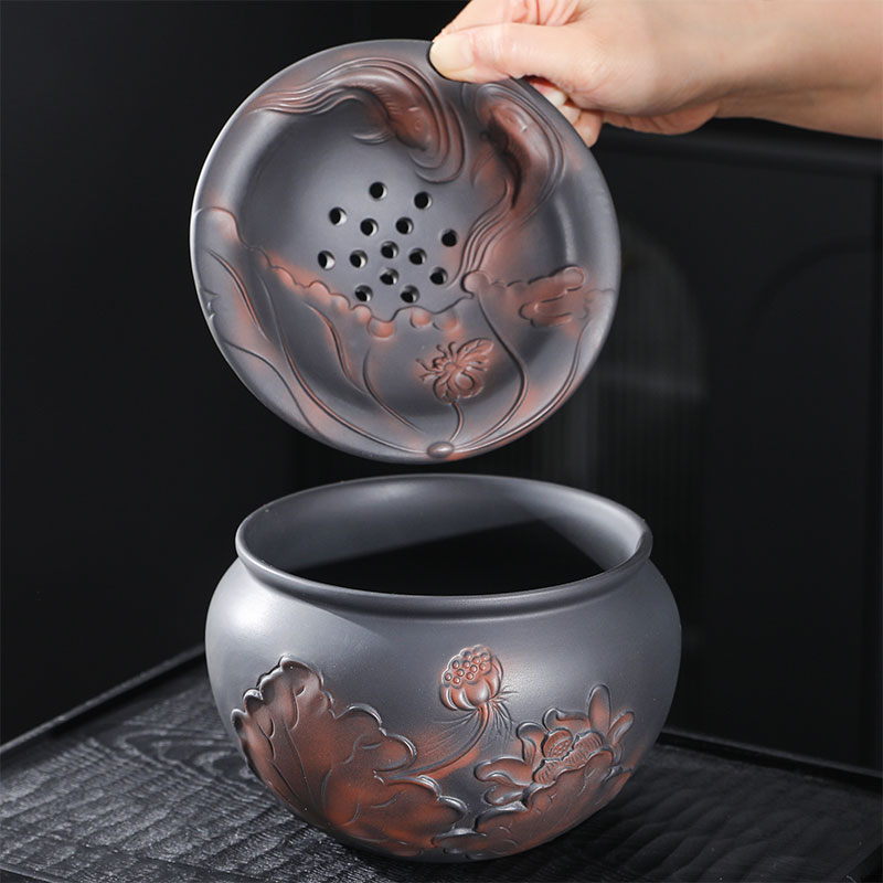 创意复古紫陶茶渣缸水盂茶洗桌面废水缸收纳垃圾桶干湿分离带过滤