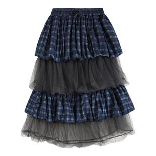 gagaopt透视网纱拼接半身裙女自制高腰抽绳松紧腰修身显瘦蛋糕裙