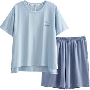 芬腾情侣家居服短袖男士夏季睡衣女纯棉薄款凉感夏天男生短裤套装