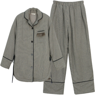 朵朵可可冬季加厚夹棉条纹棉麻长款长袖长裤睡衣女家居服套装
