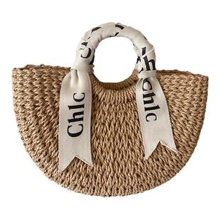 字母丝巾手提草编包百搭半圆草包编织包百搭女包海边度假风沙滩包