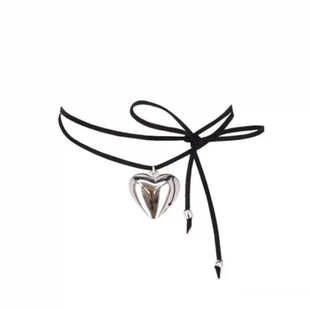 韩素希同款穿搭项链女ins性感系带蝴蝶结黑绳金属银色爱心锁骨链