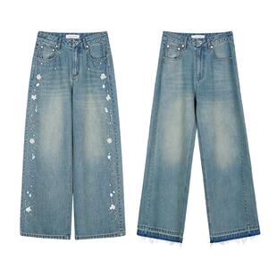 NancyCavally专柜款精选垂软荃棉牛仔 复古手工钉珠花直筒牛仔裤