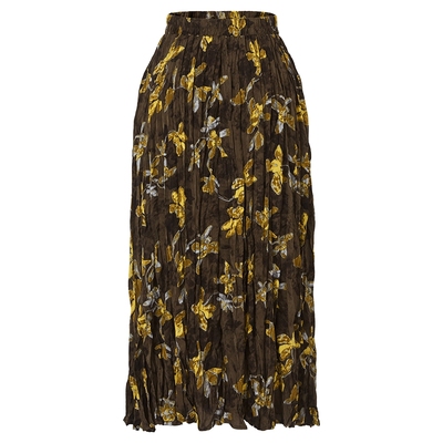 马天奴黄色松印花松紧腰百褶裙