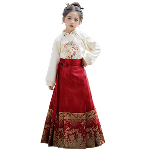 马面裙女童套装冬装国风加绒上衣儿童新中式唐装红色古装汉服大童