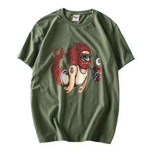 老李力荐！阿美咔叽复古印花 全棉水洗磨毛 男士圆领短袖T恤衫潮