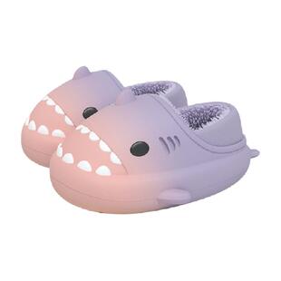 latetime渐变鲨鱼棉拖鞋女2024新款室内防水包跟厚底情侣毛毛棉鞋