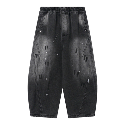 潮牌泼墨甩漆阔腿加绒弯刀牛仔裤