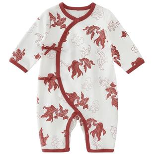 宝宝百天衣服满月红色喜庆国风春秋哈衣四季纯棉新生儿婴儿连体衣