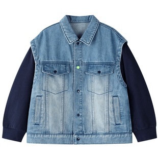 马拉丁漫画家中大童秋季牛仔拼接撞色外套趣味印花假两件休闲上衣