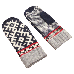 出口日本羊毛针织全包指手套情侣女冬天保暖户外骑车手套文艺菱格