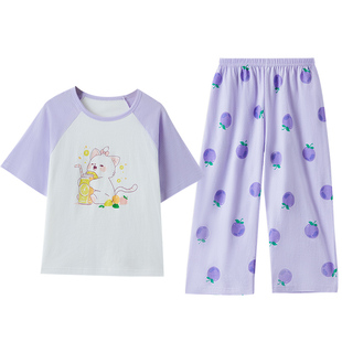 红豆儿童睡衣纯棉短袖网眼透气夏可爱薄男女中大童A类家居服套装