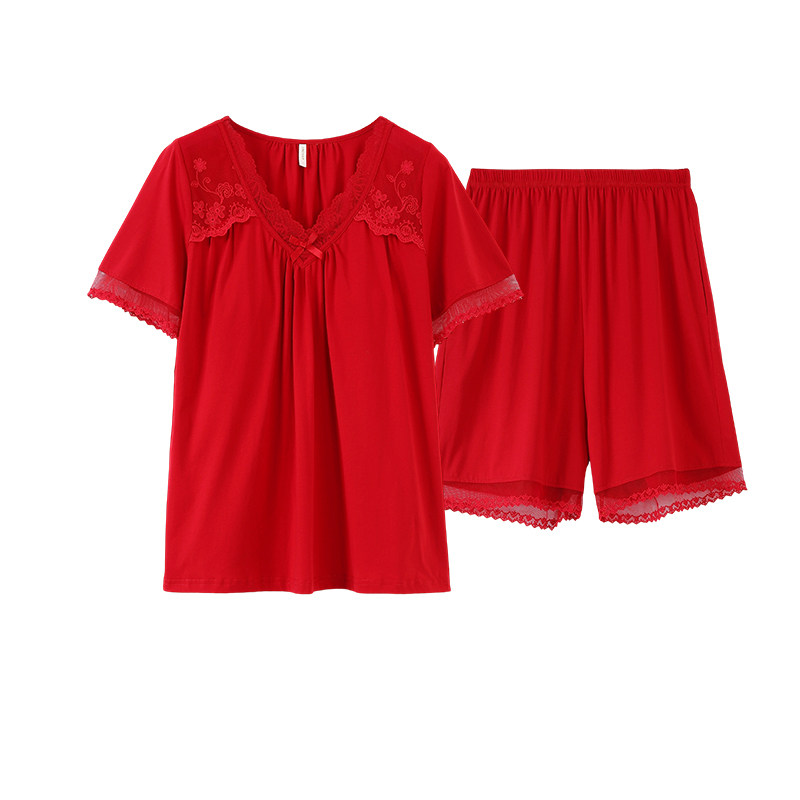 红色纯棉胸垫可外穿家居服套装