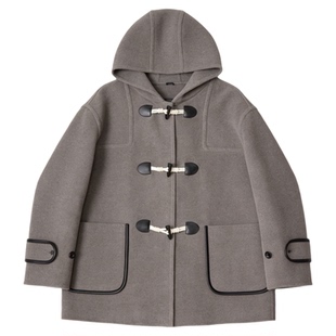 Basic House/百家好100%羊毛连帽毛呢外套女春季中长款小个子大衣