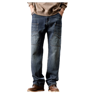 多口袋六兜工装机车牛仔裤男款宽松直筒大裤脚胖子厚款耐磨长裤子