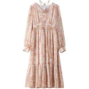 LAGOGO浪漫蔷薇雪纺连衣裙女拉谷谷2026春新款蕾丝印花温柔气质裙