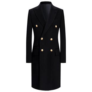 本派意大利风格羊绒羊毛混纺商务休闲修身金扣黑色手工毛呢大衣男