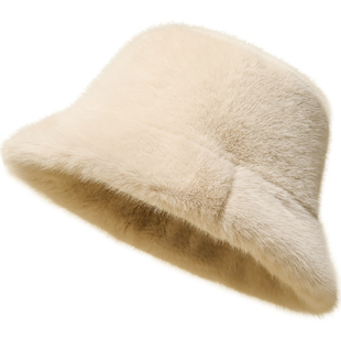 毛绒渔夫帽子女款2025新款秋冬款保暖盆帽显脸小可爱百搭白色冷帽