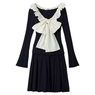 SNIDEL2025秋冬新品甜美蝴蝶结荷叶领针织衫半身裙套装SWNO255084