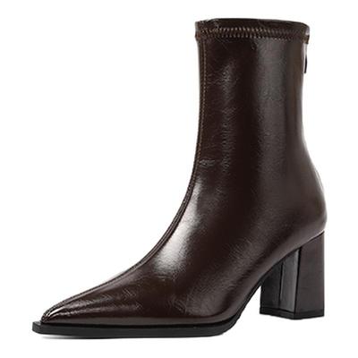 棕色高跟短靴女秋冬新款加绒法式