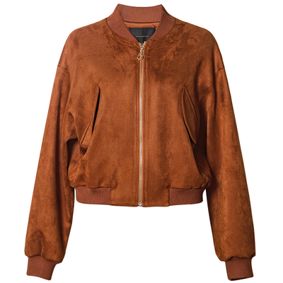 罗衣时尚圆领麂皮脏橘色短款外套