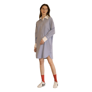 蓝白条纹开衫式连衣裙2024春夏文艺淑女知性甜美气质女神范衬衫裙