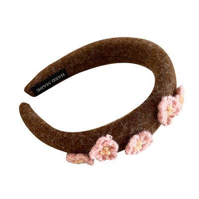 粉色针织花朵毛绒宽边发箍