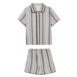 JoyceBra  日系文艺风条纹纯棉睡衣女夏季2026新款短袖家居服套装