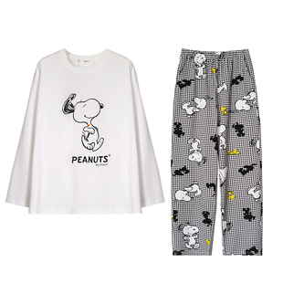 贝妍春秋季新款长袖情侣睡衣可爱史努比男女柔软棉家居服大码套装