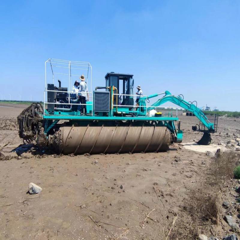 浙江互花米草收割船螺旋两栖打桩平台沼泽近海螺旋挖掘机两栖割草