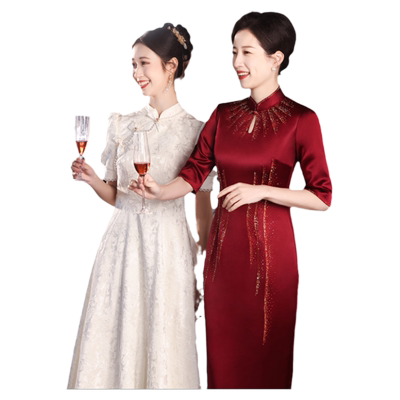 酒红色喜婆婆婚宴装2025新款夏季新中式高贵年轻妈妈婚礼旗袍礼服
