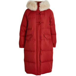 qs秸熙2025冬季新款复古轻国风盘扣羽绒服保暖狐狸毛领连帽长外套