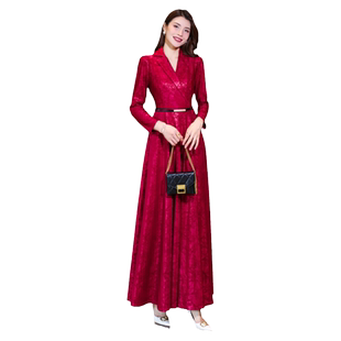 2024秋季新款长袖连衣裙女气质收腰西装领过膝长款大摆长裙到脚踝