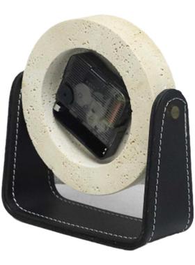 纯天然洞石皮革钟表台式时钟摆件