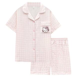 HelloKitty纯棉睡衣女款夏季短袖双层泡泡纱布可爱卡通家居服套装
