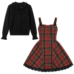 织物猪 莓果红酒 新年穿搭红色吊带连衣裙女秋冬甜美叠穿格纹短裙