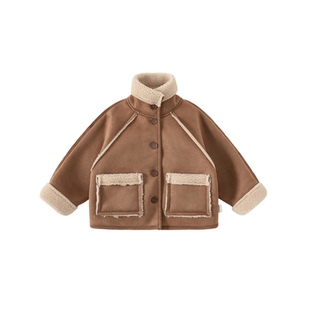 女童拼接麂皮保暖防风孩子皮毛一体外套上衣户外露营儿童男童冬装