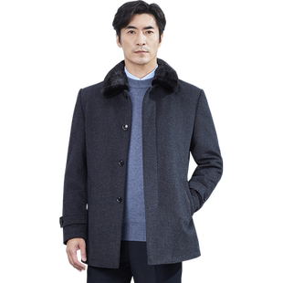 红都羊毛大衣男装中老年翻领水貂毛领加厚爸爸装内胆加厚可拆外套