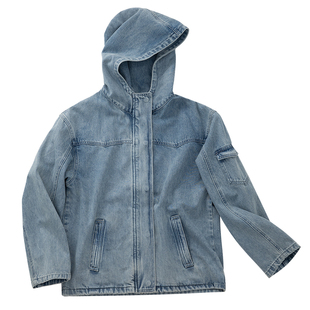 CLIMAX VISION水洗蓝做旧复古重工拉链连帽牛仔外套中性风夹克