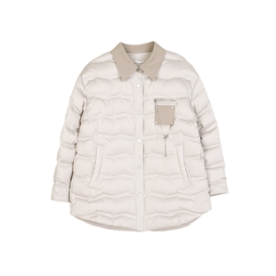 诗梦女装冬季气质米杏色衬衫式羽绒服撞色翻领休闲一手长外套宽松